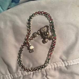 Red and Green Beaded Bracelet with Silver Chain and Charms
